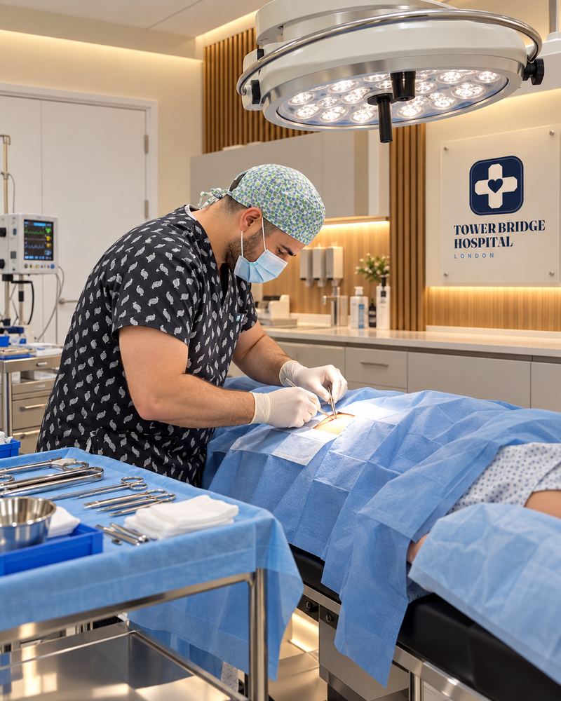 Minor procedure under way in the treatment room at Tower Bridge Hospital