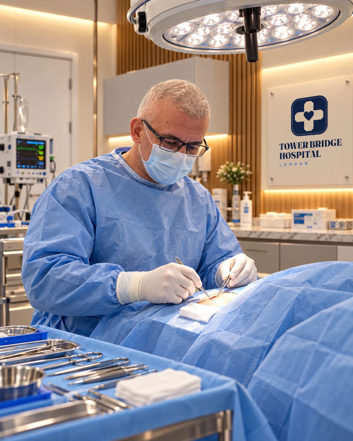 Surgeon operating in the minor surgery theatre at Tower Bridge Hospital