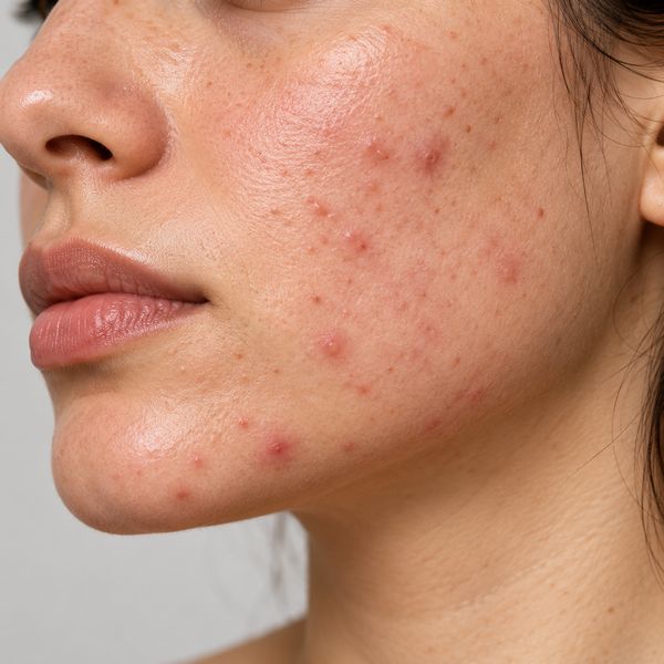 Close-up of acne spots on the cheek (illustrative image)