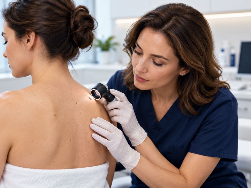 Dermoscopy of a mole on the upper back (illustrative image)