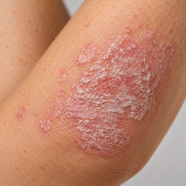 Close-up of a psoriasis plaque on the elbow (illustrative image)