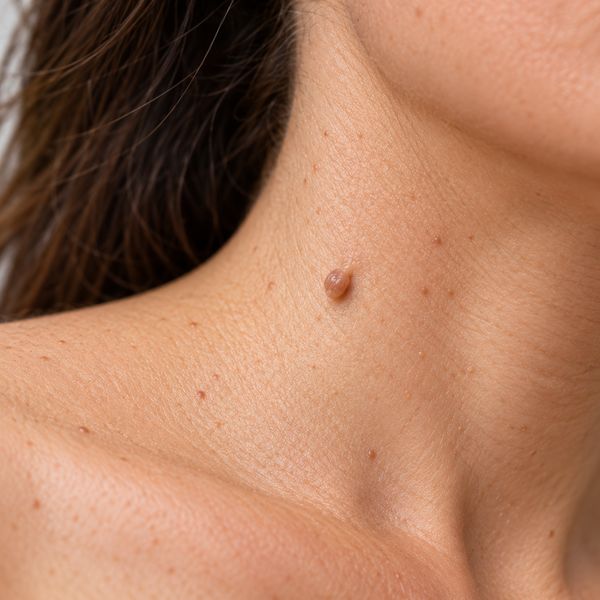Close-up of a small skin tag on the neck (illustrative image)