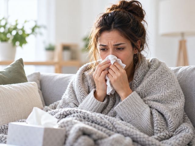 Woman with a cold and flu-like symptoms (illustrative image)