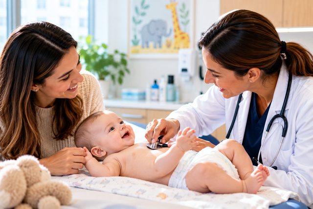 A clinician listens to a smiling baby’s chest during a newborn check, with the baby’s mother beside them (illustrative image)