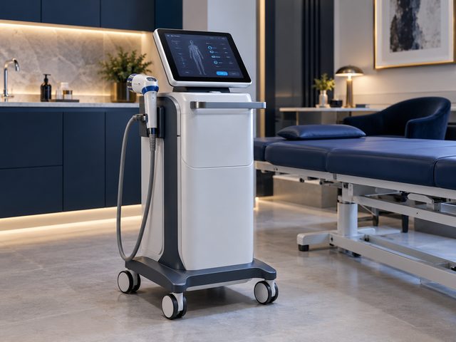 A focal shockwave therapy device in a treatment room (illustrative image)