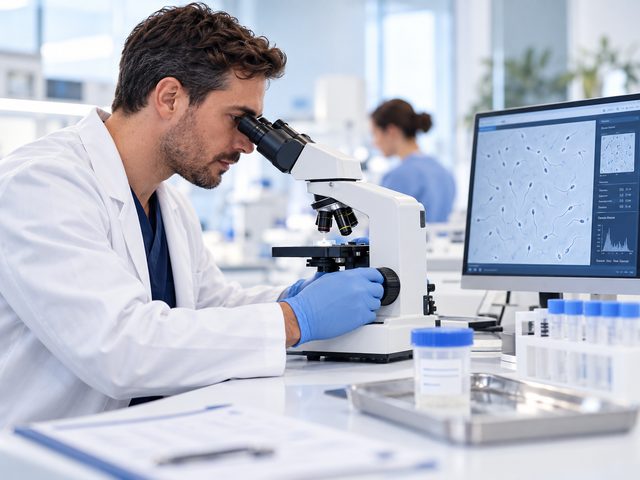 A scientist examines a semen sample under a microscope (illustrative image)