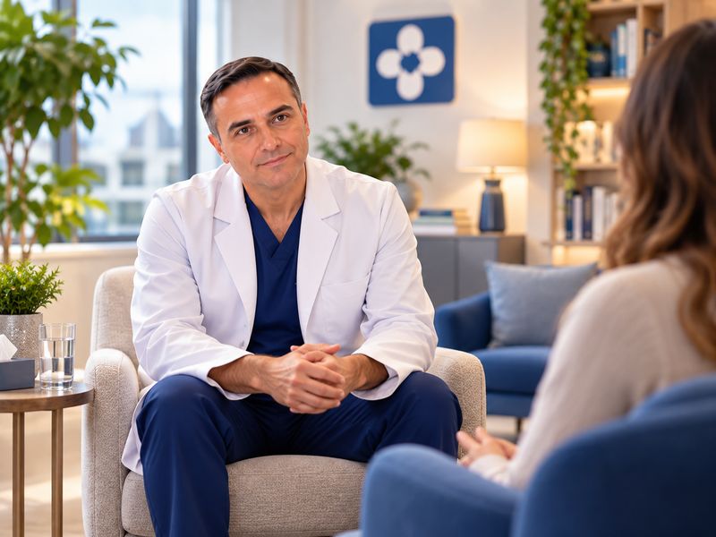 Psychiatry consultation in a calm clinic room (illustrative image)