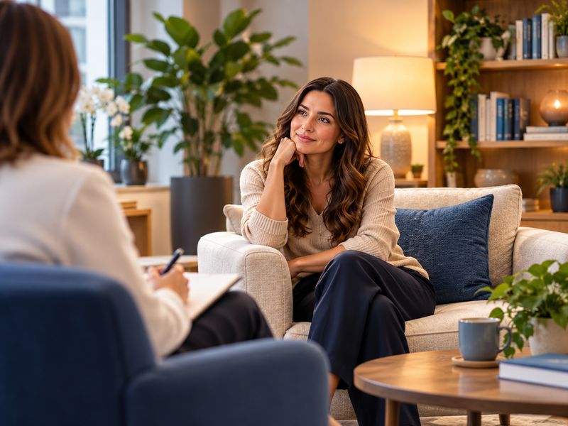 Patient in a calm talking therapy session (illustrative image)