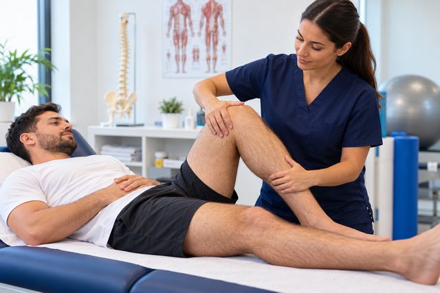 A physiotherapist mobilises a patient’s knee on a treatment couch (illustrative image)