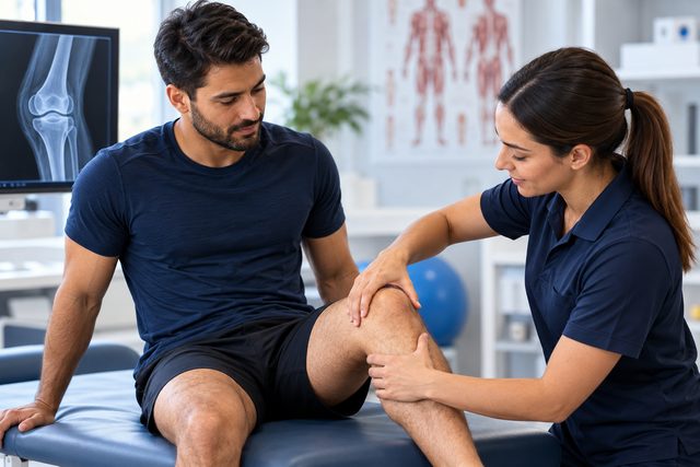 A physiotherapist assesses a patient’s knee (illustrative image)