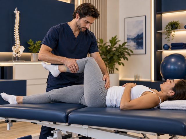 A physiotherapist mobilises a patient’s hip (illustrative image)