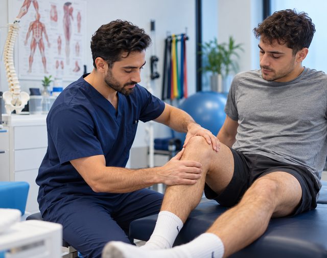 A physiotherapist assesses a patient’s knee on a treatment couch (illustrative image)
