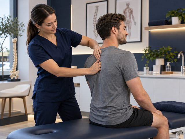 A physiotherapist assesses a patient’s shoulder and upper back (illustrative image)