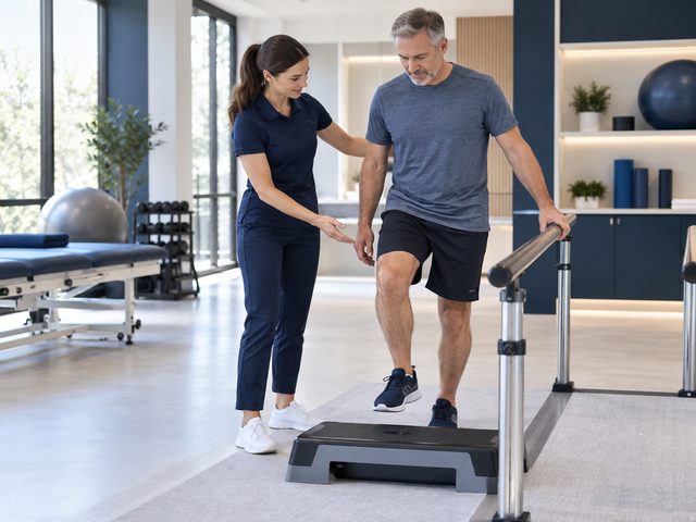 A physiotherapist guides a patient through step-up rehabilitation (illustrative image)