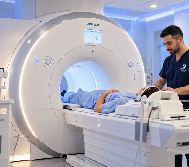 A radiographer prepares a patient for an MRI scan (illustrative image)
