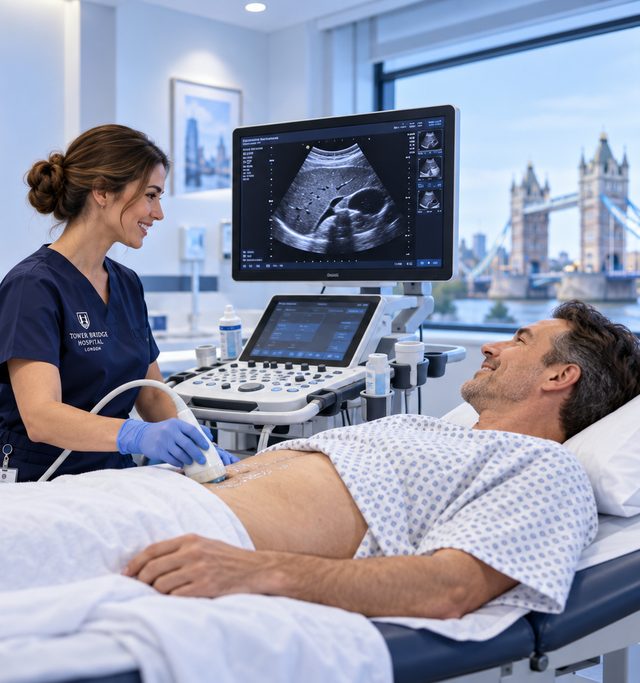 A sonographer performs an abdominal ultrasound scan (illustrative image)