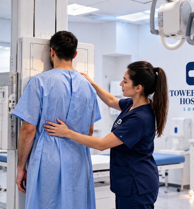 A radiographer positions a patient for a chest X-ray (illustrative image)