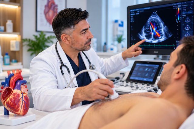A doctor explains an echocardiogram beside a heart model (illustrative image)