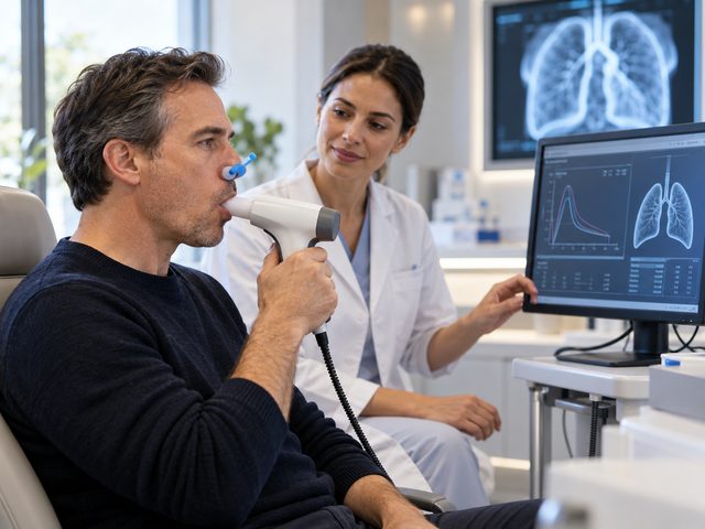 A patient performs a spirometry lung function test (illustrative image)