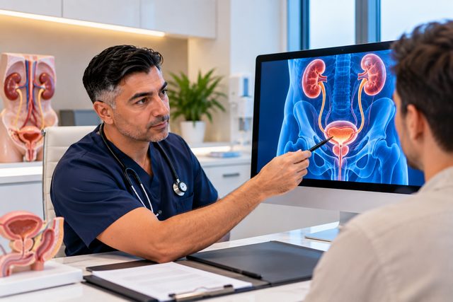 A doctor explains the kidneys, bladder and prostate on an anatomy screen (illustrative image)