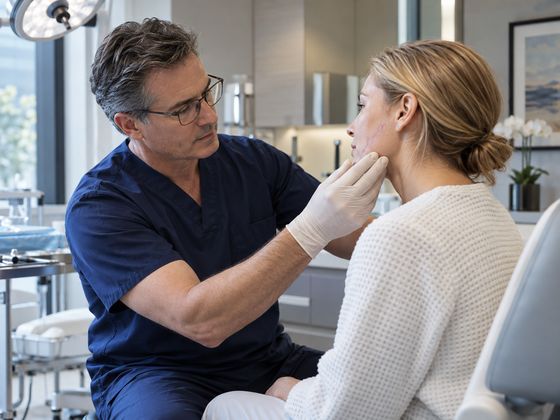 Plastic surgery consultation assessing the jawline (illustrative image)
