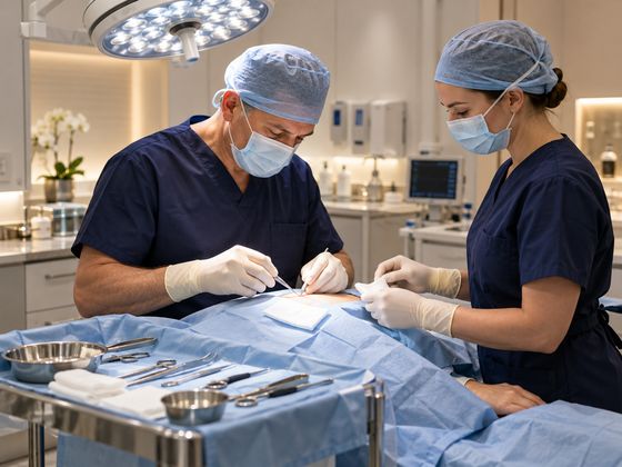 Surgical team carrying out a minor procedure under sterile conditions (illustrative image)