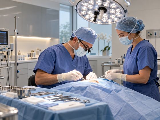 Surgeon and assistant preparing a minor procedure in a clinical treatment room (illustrative image)