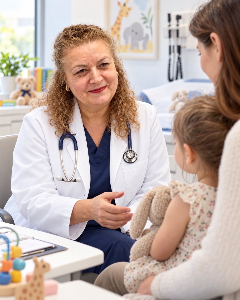 Dr Radka Velitchkova, Consultant Paediatrician, with a child at Tower Bridge Hospital