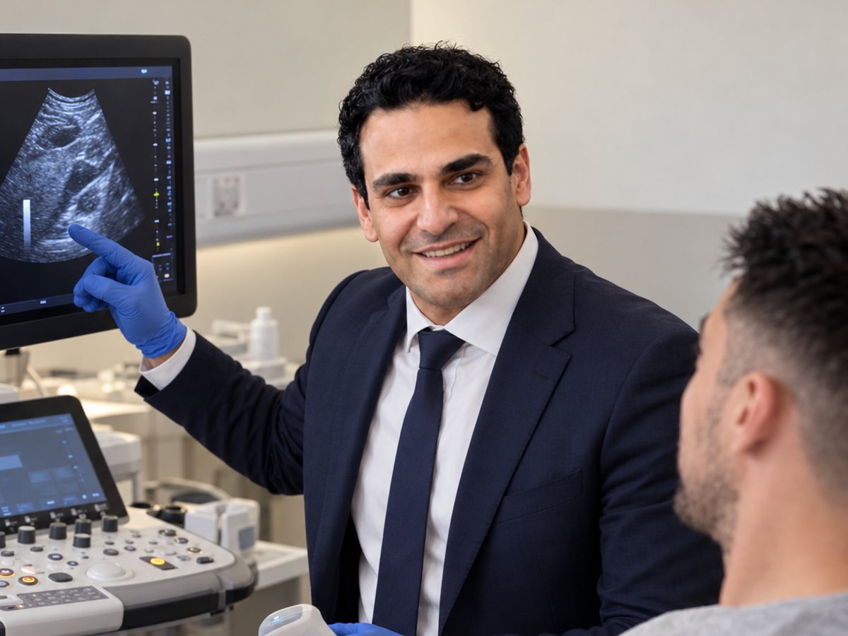 Dr Kemal Ismail Kemal, Specialist Radiologist, explaining an ultrasound scan at Tower Bridge Hospital
