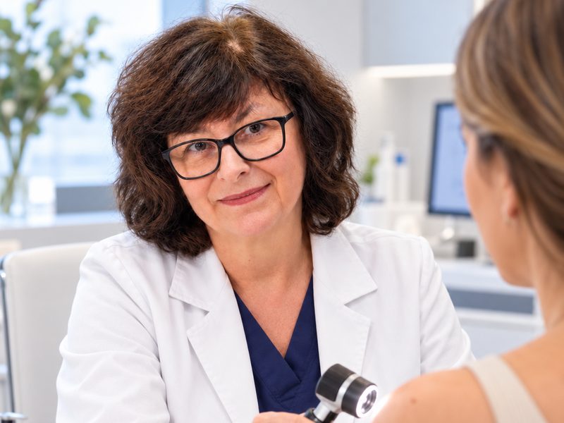 Dr Elena Koleva examining a patient’s skin at Tower Bridge Hospital