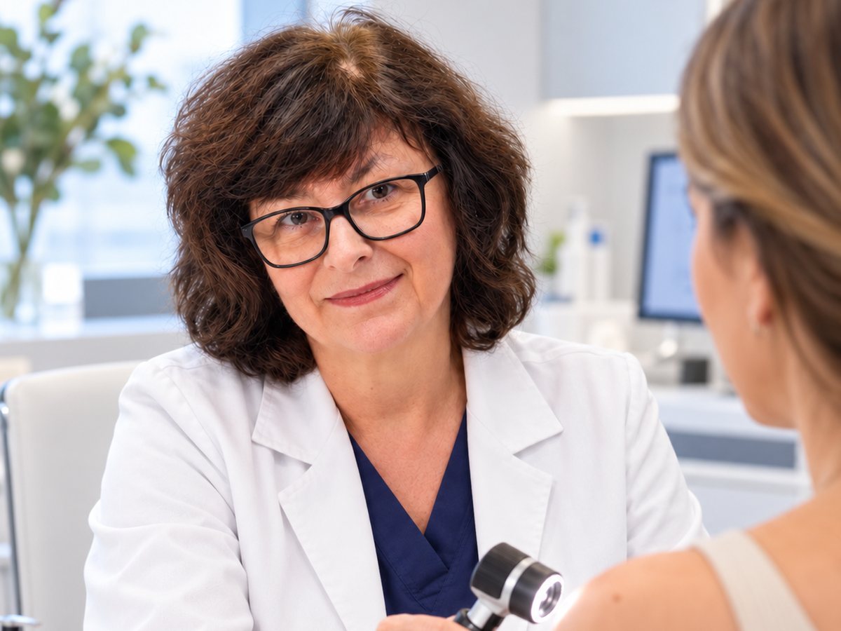 Dr Elena Koleva carrying out a mole check with dermoscopy at Tower Bridge Hospital