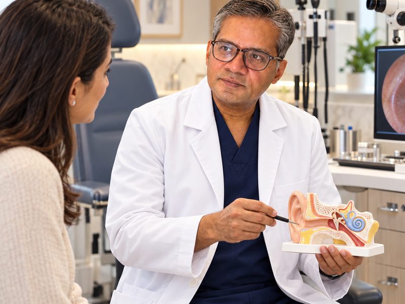 Dr Pankaj Gupta, GP with a Special Interest in ENT, explaining an ear model at Tower Bridge Hospital