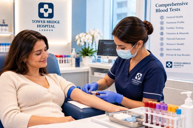 A woman having a blood test from a nurse in a calm clinic room (illustrative image)