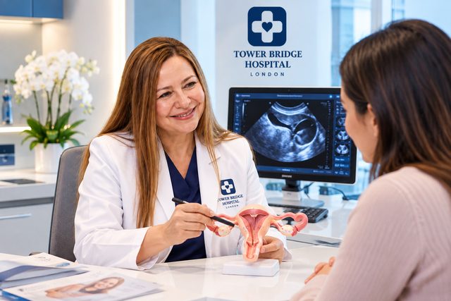 A women’s health doctor explains a gynaecology concern using an anatomical model (illustrative image)